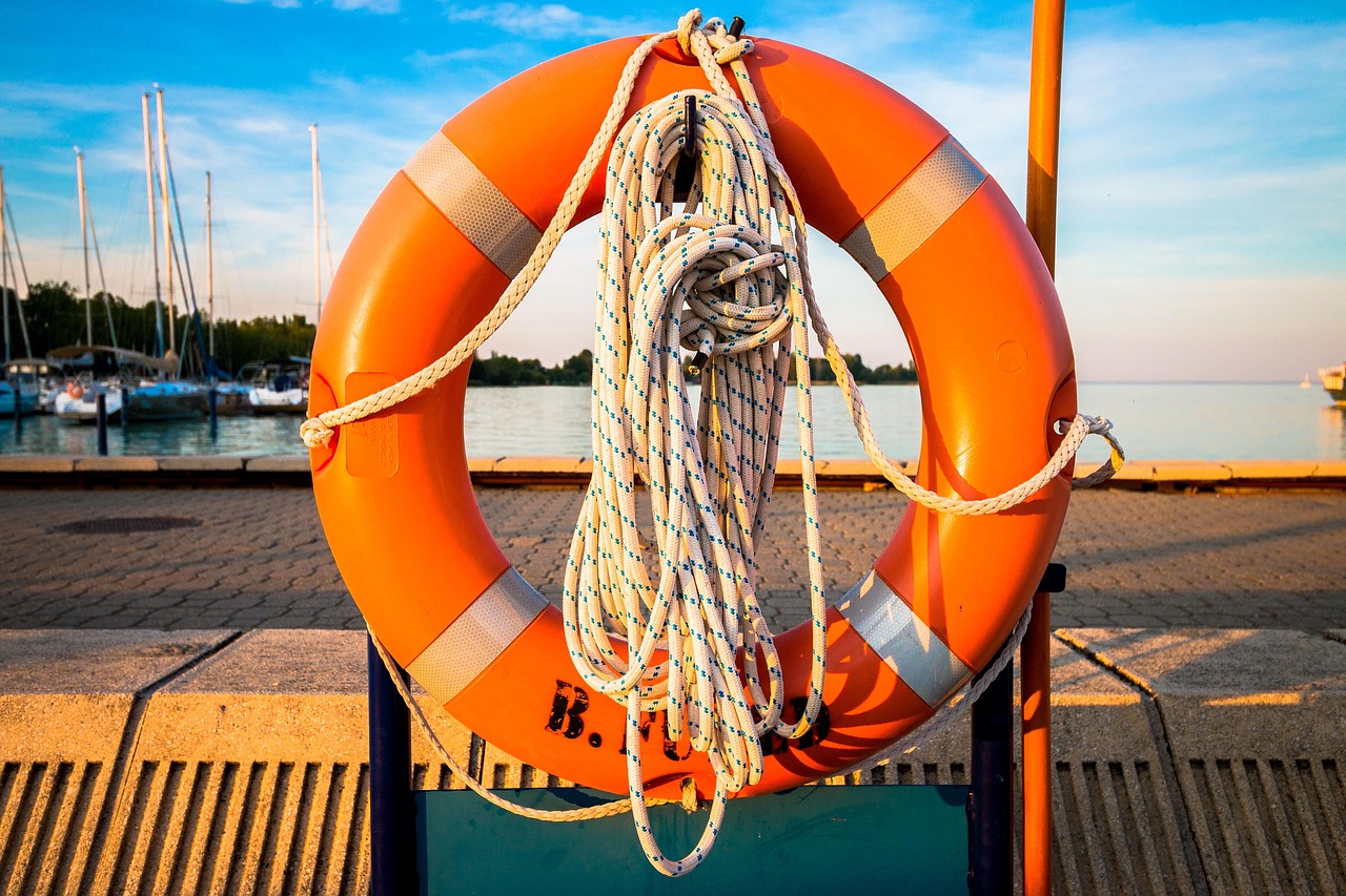 lifebelt, lake, sunset, buoy, life, lifebuoy, water, safety, help, belt, marine, risk, sea, orange, equipment, river, blue sky, blue, circle, preserver, protection, travel, rescue, save, security, nature, pond, trip, boat, emergency, lifeguard, ring, rope, danger, round, sky, pavement, lakeside, holiday, weekend, evening, urban