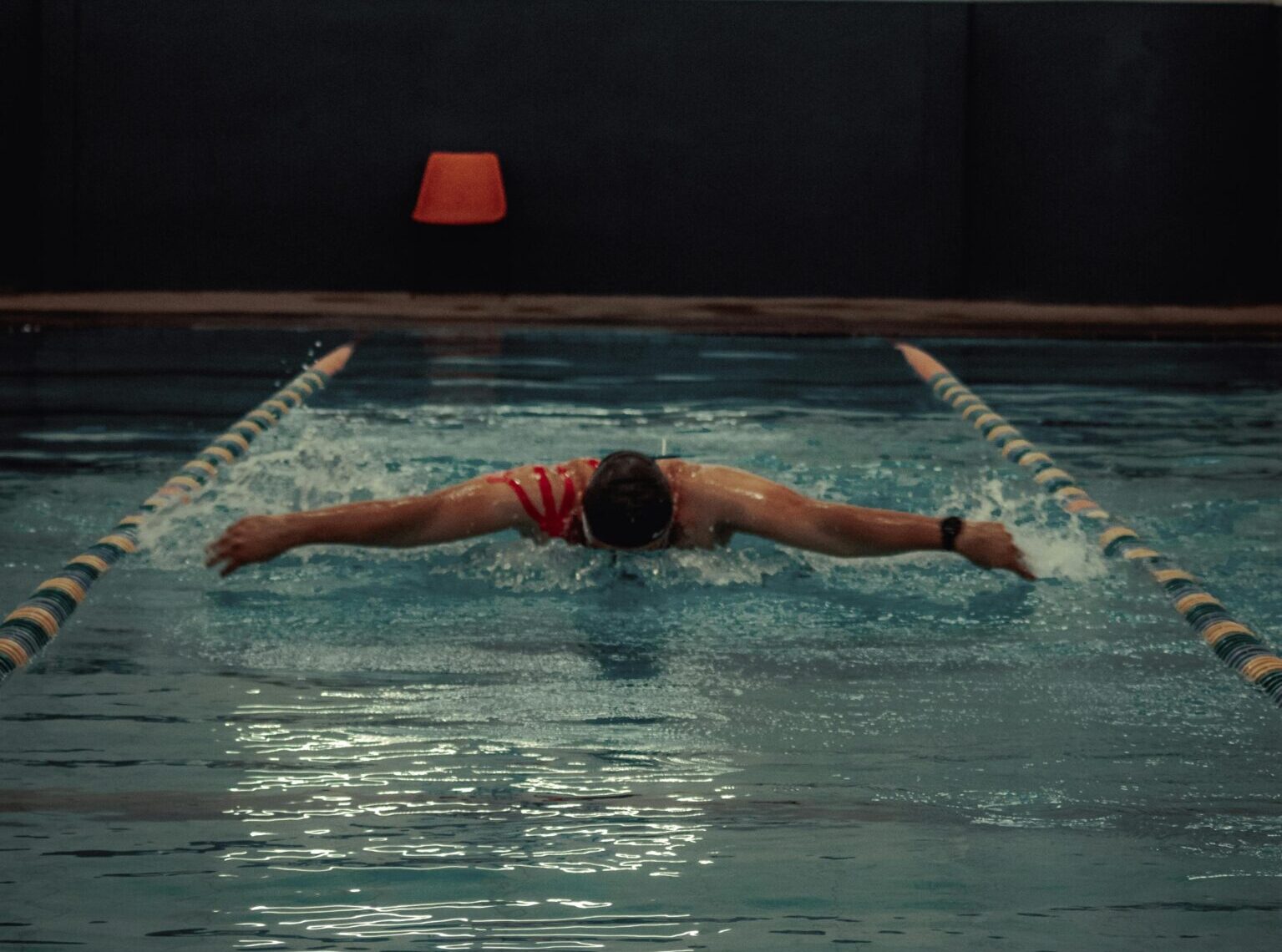 Athlete practicing butterfly stroke in an indoor pool, capturing movement and athleticism.