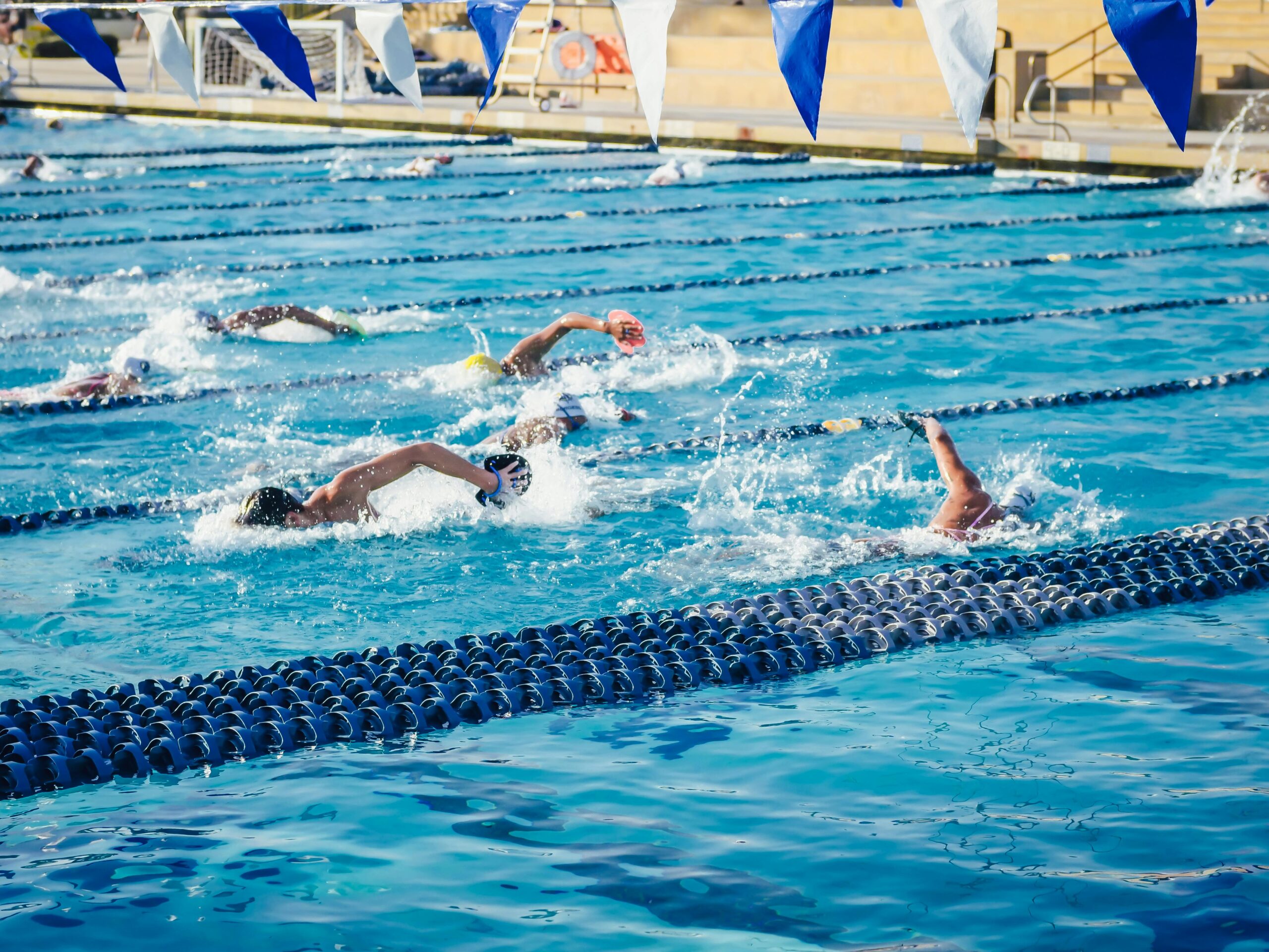 Group of swimmers competing in an outdoor pool, showcasing athletic endurance and technique.